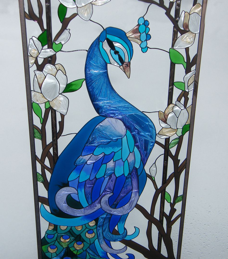 Spectacular Peacock And Magnolias 10x37 Art Glass Window Panel Ebay 6938