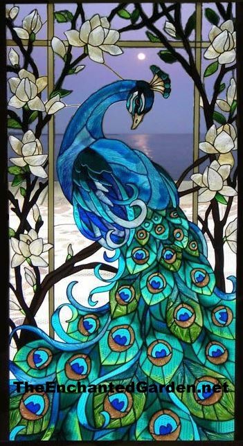 Spectacular Peacock And Lotus Flowers 17x37 Vibrant Stained Glass Window Panel Ebay 0921