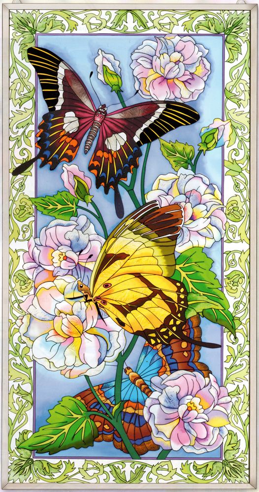Fluttering Butterflies Stained Glass Art Panel 40" x 20" Flower