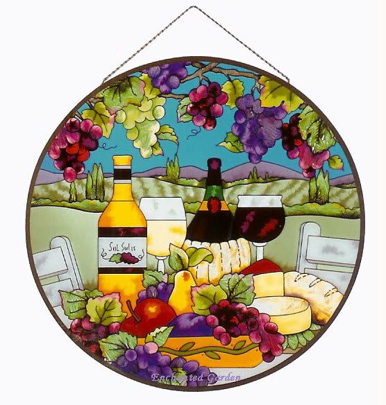 WINE & CHEESE VINEYARD WINERY GRAPES 21" ROUND STAINED GLASS WINDOW