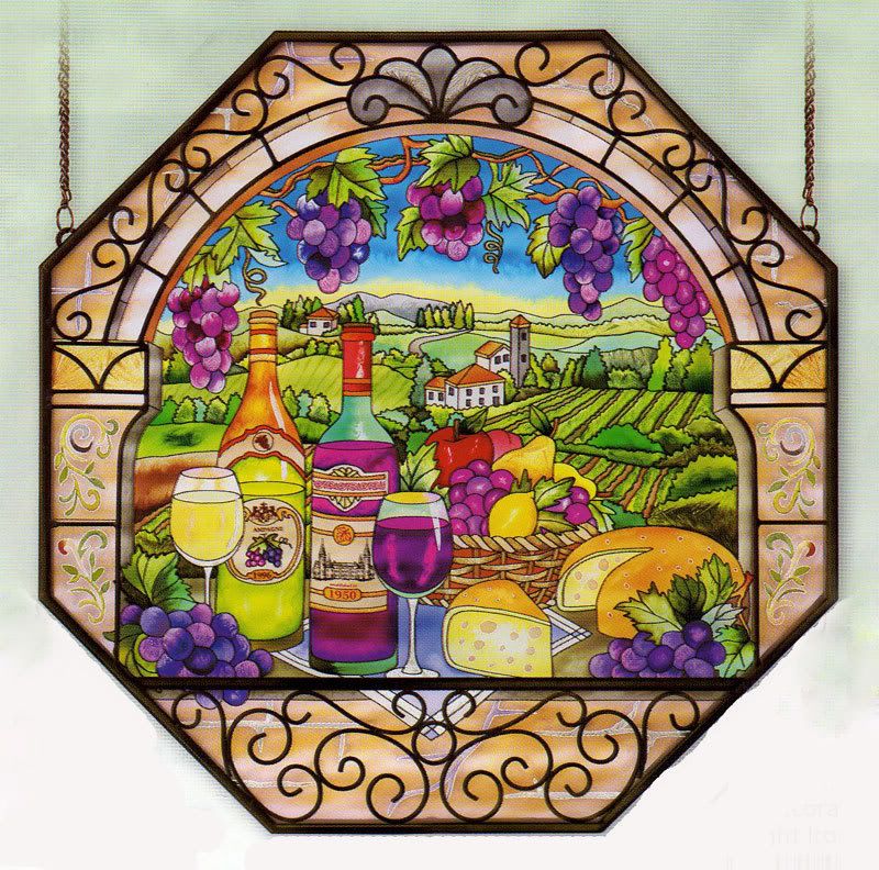 TUSCAN VINEYARD Stained Glass Art Panel 40" x 20" Grapes Vine Cheese