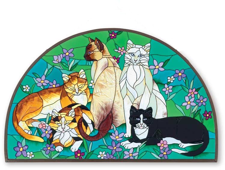 TIFFANY CATS ARCH CAT FIREPLACE SCREEN TABBY WHITE BLACK TORTI w GLASS