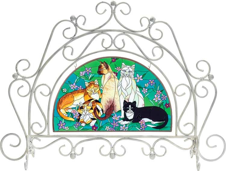 TIFFANY CATS ARCH CAT FIREPLACE SCREEN TABBY WHITE BLACK TORTI w GLASS