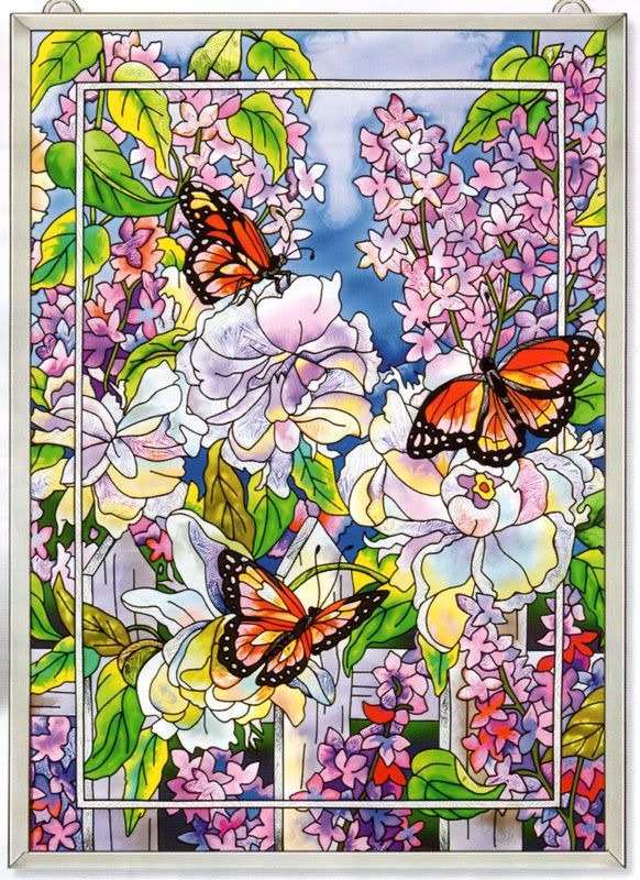 PEONIES & LILACS & BUTTERFLIES 11x15 GLASS SUNCATCHER  