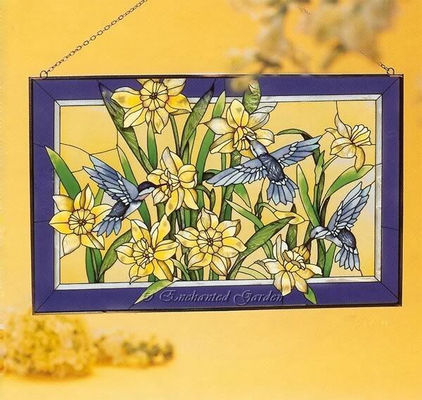 DAFFODIL HUMMINGBIRD 16x10 STAINED GLASS WINDOW PANEL  