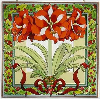 AMARYLLIS HOLLY FLORAL * 19.5 STAINED GLASS ART PANEL  