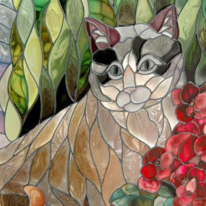 MOSAIC CATS * KITTENS IN GARDEN 20X40 ART GLASS PANEL  