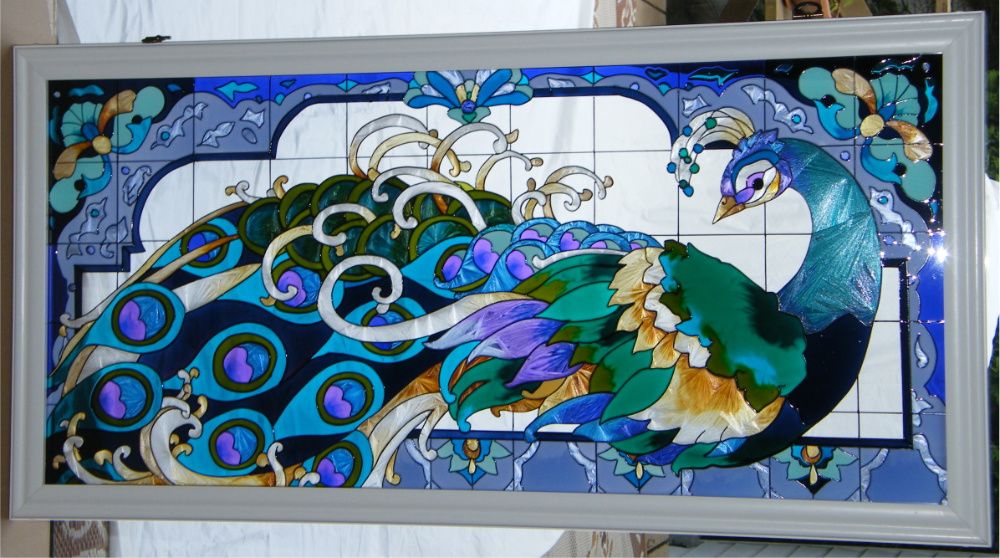 peacock 40x20 art glass window panel majestic peacock surrounded by 