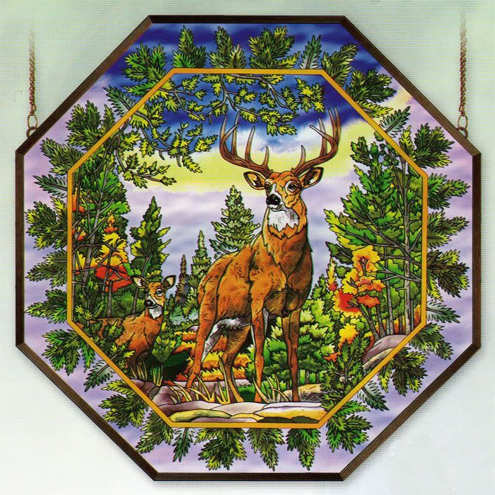 Elk Deer 22 Octagon Wapiti Moose Stained Glass Panel.