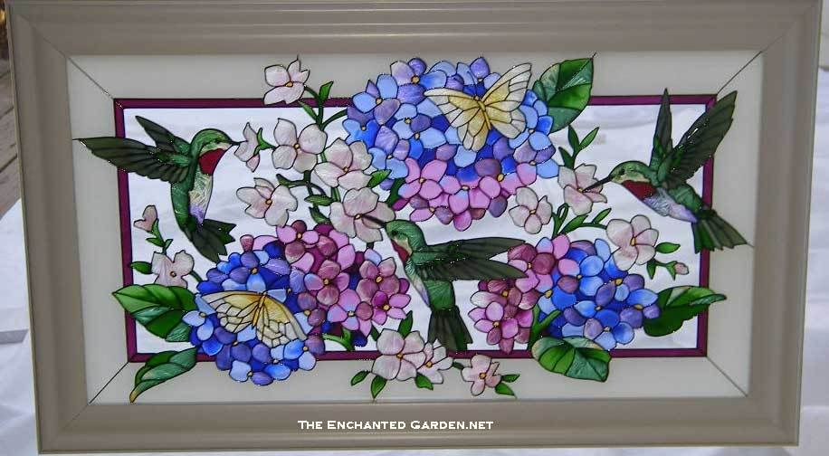 HUMMINGBIRD HYDRANGEA 22x13 STAINED GLASS WINDOW PANEL  