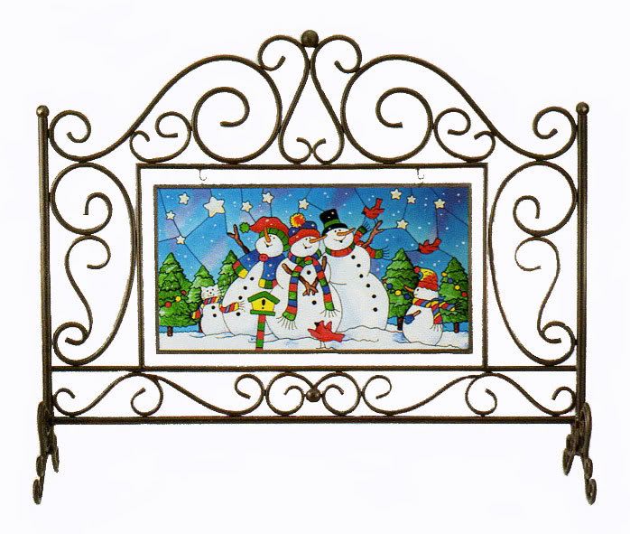 SNOWMAN STAINED GLASS SNOWMEN SNOW * FIREPLACE SCREEN  