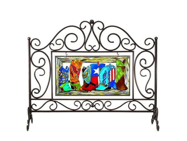 Western Cowboy Boots Stained Glass Fireplace Screen